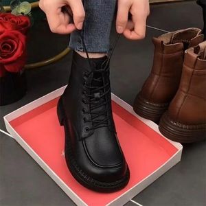 Women Platform Boots Chunky Motorcycle Genuine Leather Booties Fashion Female Height Flat Shoes Ladies Combat