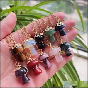 Pendant Necklaces Reiki Natural Crystal Necklace Golden Chain Cute Mascot Mushroom Pendant Amethysts Labradorite Opal Ch Dhseller2010 Dh12K