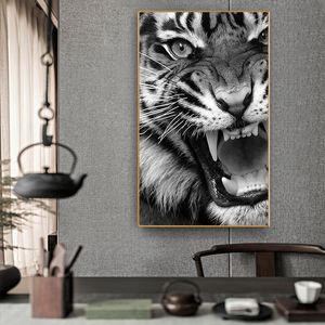 Canvas pintando pôsteres de arte feroz em preto e branco Tiger e impressões escandinavas de arte de parede de cuadros para sala de estar sem moldura