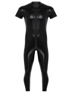 Costumi da catsuit metallizzati lucidi da uomo Maniche corte elasticizzate Body intero Body Clubwear Party serale Salopette da uomo Cerniera anteriore a 3 vie sul culo