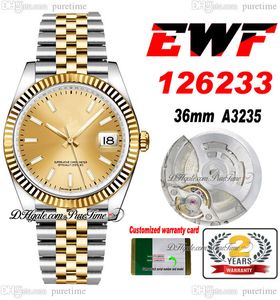 EWF Just 126233 A3235 Orologio automatico unisex da uomo e da donna 36 bicolore in oro giallo champagne con quadrante a bastone Jubilee Bracciale in acciaio Super Edition Stessa serie Card Puretime