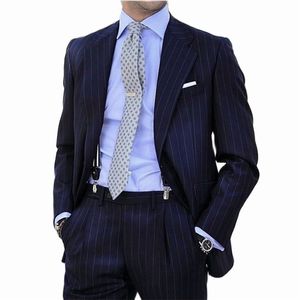 Erkek Suit Blazers Tasarım Pinstripe Takım Erkekler 2 adet lacivert ince fit iş blazer resmi damat düğün smokin trajes de hombre 220909