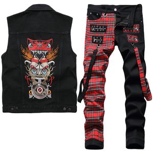 Punk Style Men's Two Piece Jeans Sets Black Embroidered Owl Denim Vest Matching Panel Colorblock Pants 2pcs Summer Streetwear