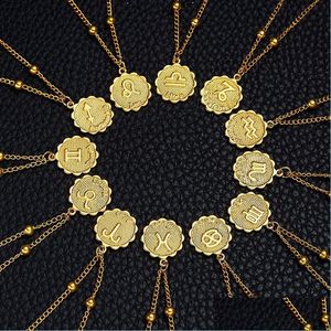Anhänger Halsketten 12 Zodiakschild Halsketten Gold Runde Münzheizte Konstellation Halskette für Frauen Mode Schmuck Geburtstag dro dhio2