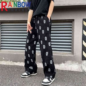 Мужские брюки Rainbowtouches Unisex Skull Полный отпечаток шнурки повседневной вельветовые мужчины мешковатые брюки хип -хоп прямые спортивные штаны мужчина рыхлая брюк T220909