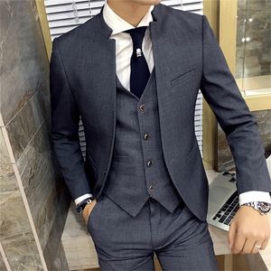 Ternos masculinos Blazers Grey Stand Gollar Slim Fit Mens Suit Slim Fit Costume personalizado Homme serve aos homens Helfing formal Ternos 3 peças Suits Set 220909