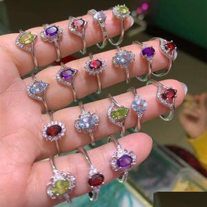 Solitaire Ring Crystal Ring Natural Stone Sier Plated Adjustable Garnet Topaz Peridot Amethyst Drop Delivery 2021 Jewelry Lulubaby Dhto2