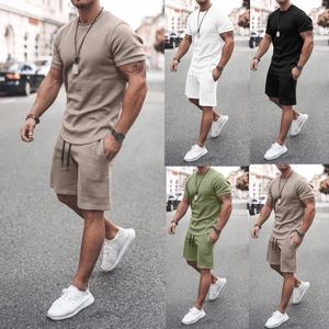 Herrspårar Summer Mens Set Casual Fashion Tracksuit T-Shirt och Shorts Two Piece Men Solid Color Streetwear Outfit