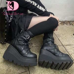 Botlar doratasia gotik punk sokak kadın ayak bileği botları platform kama yüksek topuklu kısa botlar moda tasarım perçin cosplay ayakkabı 220908