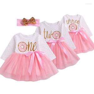 Abiti da ragazza 2022 Abbigliamento per bambine per bambini Abito da compleanno Fascia per neonato a maniche lunghe rosa per bambini 2 pezzi