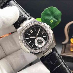 Luxury Mens Watches rostfritt stålfodral Topp brun svart läder rem diamanter ram safir automatiska mekaniska män märke