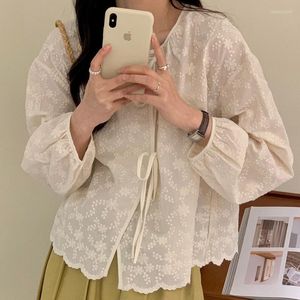 Women's Blouses Embroidered Lace Crochet Irregular Shirts Women Korean Gentle Up Balloon Sleeve Blouse Puff Top Chemise Femme