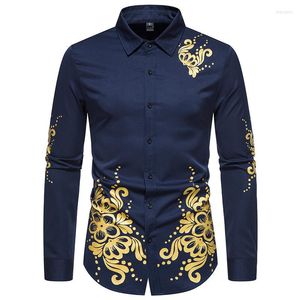 Men's Casual Shirts Mens Luxury Floral God Shiny Print Dress Hipster Slim Fit Button Down Shirt Men Party Wedding Prom Tuxedo Male XXL