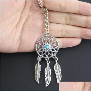Nyckelringar g￥va rosa svarta p￤rlor Keychains Dreamcatcher Feather Wind Chimes Dream Catcher Key Chain Women Vintage Indian Style Ring Dr Dhcao