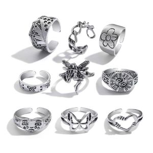 Bandringar 9st Vintage Sier Rings uppsättning för kvinnor Butterfly Heart Snake Stacking Ring Justerbar Drop Delivery 2021 SMEWEBLIBABY DHONS