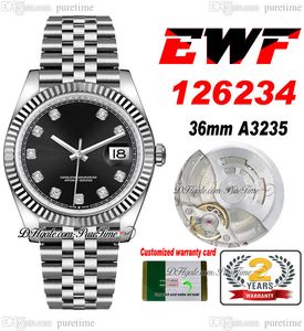EWF Bara 126234 A3235 Automatisk unisex -klocka Mens Ladies 36 Fluted Bezel Black Diamonds Dial Jubileesteel Armband Super Edition Samma Series Card Puretime B2