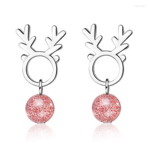Studörhängen S925 Silverörhänge Strawberry Color Stone Elk Deer Horn for Women Gift Lady Girl Fashion Jewelry