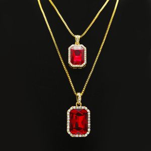 2st Ruby Necklace Jewelry Set Silver Gold Plated Iced Out Square Red Pendant Hip Hop Box Chain254x