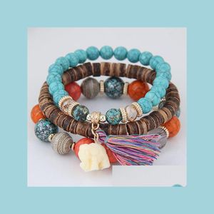 Fili di perline Gioielli fatti a mano Braccialetti con perline all'ingrosso Elefante Nappa Temperamento Bracciale vintage Bohemian Mti-Layered Stretch Dhyrg