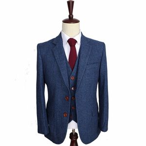 Erkekler Suits Blazers yün mavi balıksırtı, özel yapılmış erkek takım elbise terzi takım elbise erkekler için 3 adet jacketpantsvest kostüm homme 220909