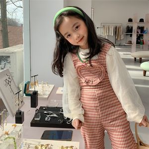 Overalls Spring cute Girls knitted little plaid overalls children love slim flared suspenders trousers 220909