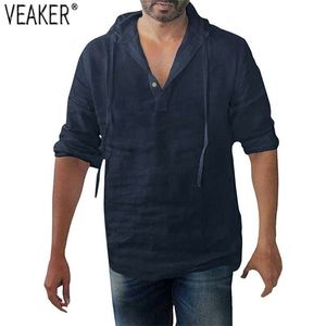 メンズTシャツフード付きコットンリネンシャツ男性カジュアルルーズロングスリーブソリッドカラーシャツ男性FLAX VNECKシャツM3XL 220909