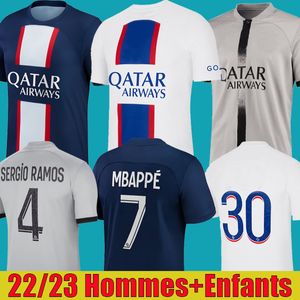 Mbappe Hakimiプレーヤー サッカージャージーセルジオラモス22 Maillots de Football Markinhos Verratti PSGS Men Kids Kit Shird Uniforms Maillot Foot