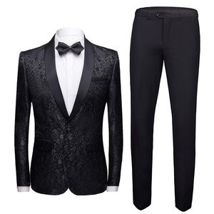 Erkekler Takımlar Blazers Siyah Resmi Takım Erkekler 2 Parça Set Moda İş Düğün Ziyafet Erkek Elbise Blazer ve Pantolon Yüksek Kaliteli Jakar Kumaş 220909