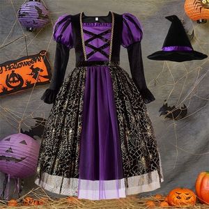 Specjalne okazje Halloween Dziewczyny Dziewczyny Witch Party Sukienka Candy Work Hat Broom Zestawy Ubrania Ghost Cosplay Kids Carnival Mesh Costume 220908