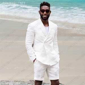 Мужские костюмы Blazers Summer Men Linen Wedding Suits 2 штуки повседневная белая стройная куртка Blazer Custom Beige Groom Tuxedo с короткими брюками 220909