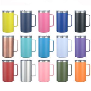 24oz rostfritt stål kaffemugg med handtag isöl koppar dubbel vägg vakuum isolerat pulverbelagd camping resevatten tumbler kopp med glidande lock 15 färger