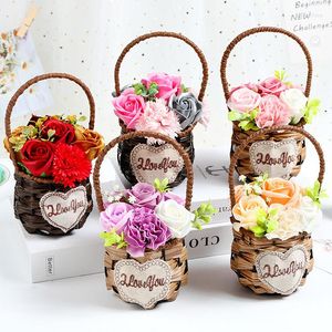 Decorative Flowers Soap Rose Flower Petals Plant Essential Oil Set Gifts Ideas For Girls Birthdays Hanging Wicker Basket Hand-Woven