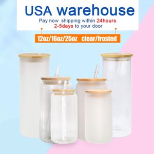 Us warehouse oz oz Mugs frosted clear Beer can shaped sublimation Tumblers Glass jar with Bamboo Lid and plastic Straws