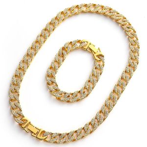 Earrings & Necklace Hip Hop Men Gold Color Necklaces & Braclete Combo Set Out Cuban Jewerly Crystal Miami Chain For280b