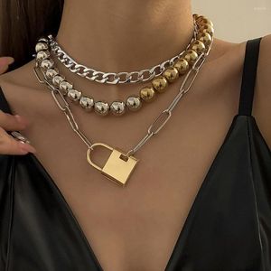 Choker Fashion Exaggerated Punk Mixed Color Round Bead Chain Geometric Ladies Necklace Retro Hip Hop Golden Lock Pendant