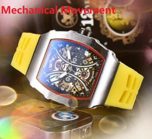 Popular mens skeleton dial watch stopwatch 43mm self winding automatic mechanical movement pilot rubber belt Sports time clock table wristwatch Reloj Montre