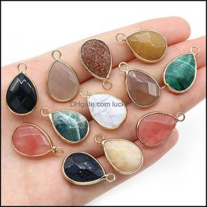 Charms Waterdrop Tigers Eye Agates Pietra di quarzo blu Charms Gemma sfaccettata Ciondolo placcato oro Collana per donna Creazione di gioielli Wholesa Dhnf8