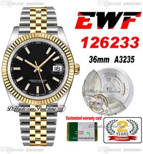 EWF Bara 126233 A3235 Automatisk unisex -klocka Mens Ladies 36mm Two Tone Yellow Gold Black Stick Dial Jubileesteel Armband Super Edition Samma Series Card Puretime J10