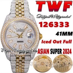 TWF V3 EW126333 CF126303 A2824 Automatisk herrklocka 41mm Iced Out Diamonds Inlay Dial Stick Markers 904L Jubileesteel Diamond Two Tone Armband Evity Watches