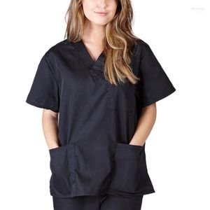 Women's Blouses Women V-neck Blouse Uniform Short Sleeve Pocket Care Top Solid Color Scrub Tops With Costumes #LR21