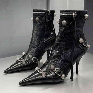 New Women Slim High Heel Metal Buckle Chain Luxury Shoes Fashion Comfortable Pointed Toe Ankle Boots Stiletto Party Short