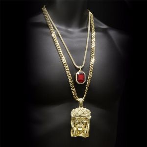 Hip Hop Złote Koronowane Jezus Head Wising Zestawy biżuterii Square Gem Crystal podwójne wisiorki Zestaw łańcucha kubańskiego 292J