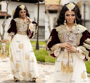 Traditional Albanian Prom Dresses dimija Caftan Luxury Gold Lace Pearls Burgundy Long Sleeve Velvet Jacket Evening Gown