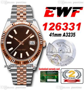 EWF Just 126331 A3235 Automatic Mens Watch 41 Two Tone Rose Gold Fluted Bezel Brown Stick Dial JubileSteel Bracelet Super Edition SAME SERIES CARD CARD CARD PURETIME B2