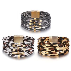 Punho Feminino Antiga Estampa de Leopardo Ouro Metal Fivela Magnética Punho Bracelete Europeu Americano Moda Couro Pulseira Jóias Atacado Dhw5B