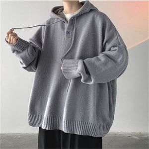 Erkekler sweaters kapüşonlu bahar sonbahar moda kazak gevşek katı örgü kazak Koreli Sokak Giysesi Erkekler Örgü Hoodies 220908