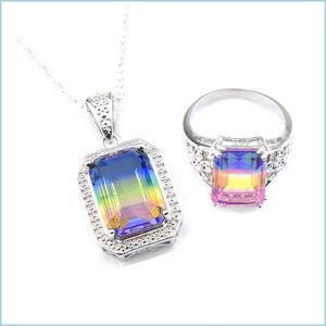 Andra smyckesuppsättningar Rainbow MTI 2st/Lot Rings Pendants Set Rec Bi Colored Tourmaline Vintage 925 Sier Chain Halsband smycken för WO DHJ15