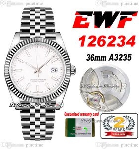 EWF Just 126234 A3235 Automatic Unisex Watch Mens Ladies 36mm Fluted Bezel White Stick Dial JubileeSteel Bracelet Super Edition Same Series Card Puretime D4