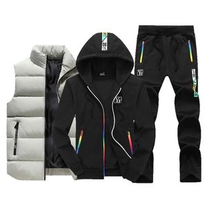 Herrspåriga män Tracksuit outfit Sweat Suit Winter Men's Clothing Men Set 3 Pieces Vest Hoodie Set Fleece Zipper Casual Sport Sweatpant 220909