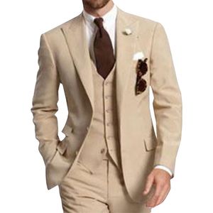 Мужские костюмы Blazers Beige Three Piece Business Party Men Suits Выпило в пик двух кнопок, изготовленных на заказ свадебных жениха, брюки, жилет 220909